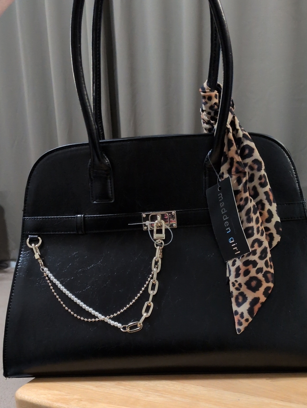Black Madden Girl Satchel Bag With Leopard Scarf Accent